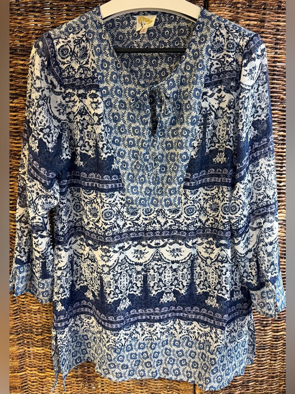 fig and flower Blue and White Printed Boho Tunic- Large